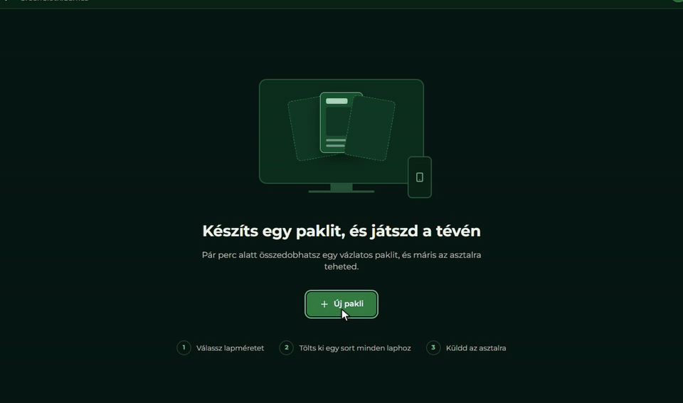 Az Új pakli ablakban a játék, a Póker méret és a Gyors pakli kiválasztása, a Létrehozás gomb, majd megnyílik a pakli
